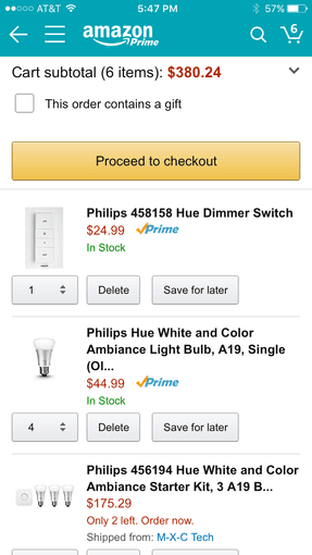 7 Phillips Hue color+white bulbs; Hue Switch; Hue Bridge 1