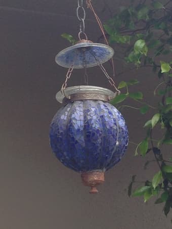 Blue glass outdoor candle pendant 1