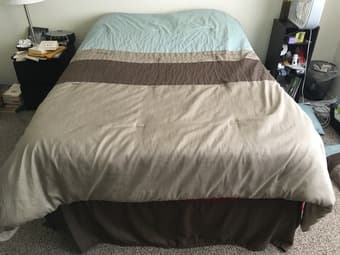 Full size bed with bed frame, box spring, mattress, and memory foam 1