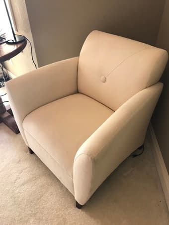 Retro designer armchair:  cream white with mahogany supports 1