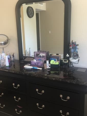 Dresser with Granite top, black wood, six drawers and large mirror 1