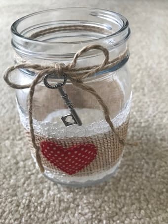 Cute rustic mason jar with burlap and lace and a heart 1