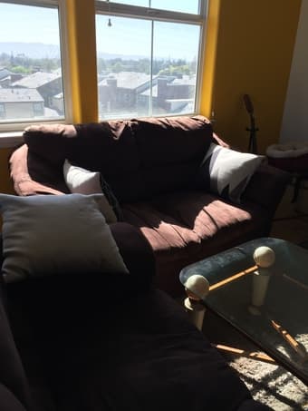 Brown microfibre couch and loveseat available 20th May 2