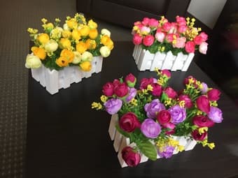 3 set- beautiful Flowers in picked fence basket (artificial) 1