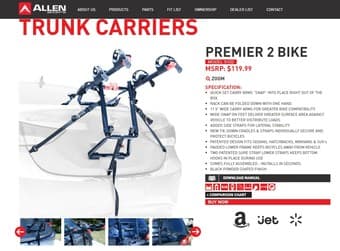 Allen Sports PREMIER TRUNK MOUNTED 2-BIKE RACK - New 3