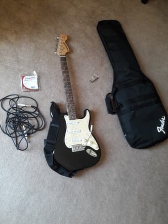 Fender Starcaster Electric Guitar, Case, Strings, Cables, Like New 1