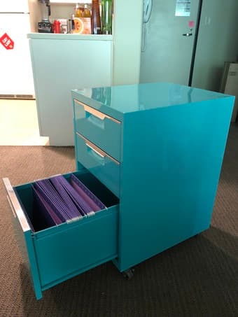 Teal CB2 TPS 3-drawer filing cabinet for sale 2