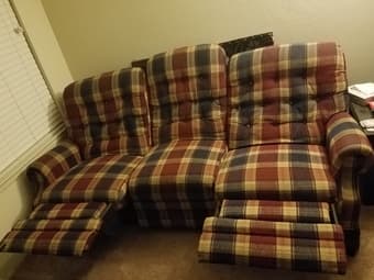 Maroon and blue plaid cloth three-seater couch 1