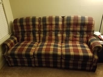 Maroon and blue plaid cloth three-seater couch 2