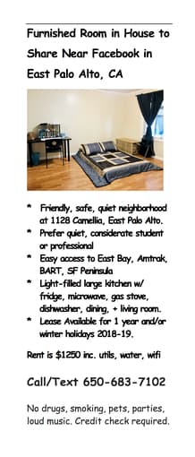 Furnished Room in House to Share Near Facebook in East Palo Alto 1