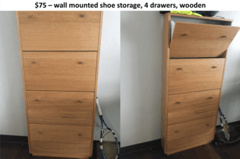 $75 – wall mounted shoe storage, 4 drawers, wooden 1