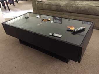 Glass top solid wood table with two drawers and underneath storage 1