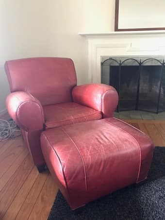 Chic red leather Pottery Barn chair and ottoman 1