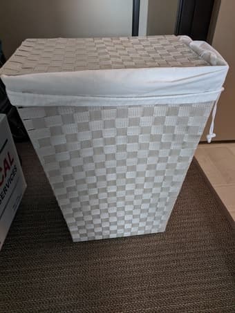 Variety of items for sale - clothes hamper, lamp, kettle, trash can 1