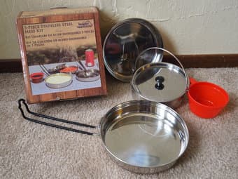 Camping cook set (5-piece stainless steel mess kit + telescoping fork) 1
