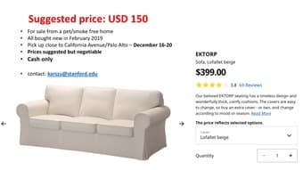 Couch IKEA Ektorp 3 cushion for sale in Palo Alto 1