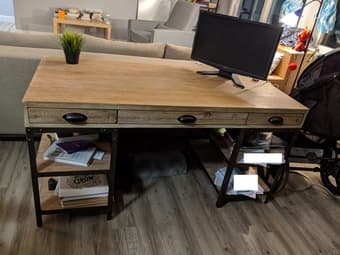 Wooden desk + chair and foot cushion 1