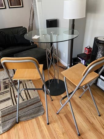 elegant glass bar table ( standing desk ) + 2 folding bar chairs 1