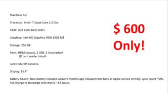 MacBook Pro (i7 2.4 GHZ, 15.4", 8GB RAM, 256 GB drive, macOS Catalina) 1