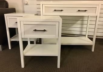 Console table and 2 nightstands — white wood & rattan, in great shape! 1