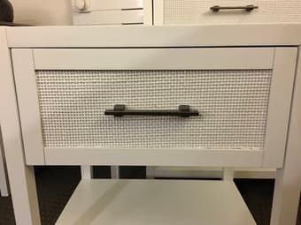 Console table and 2 nightstands — white wood & rattan, in great shape! 3