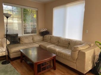 Leather sectional sofa (cream) + Wood coffee table 2