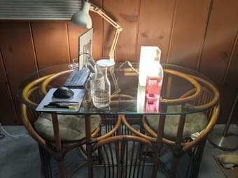 Dining Table (Glass/Rattan) with Two Rattan Chairs w/Cushions 1