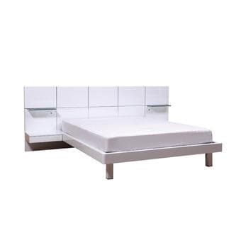 White lacquer bed frame w/ illuminating nightstands and queen mattress 1
