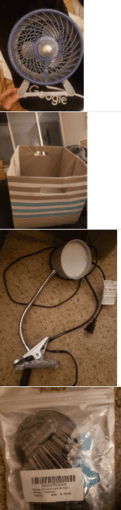 room fan, laundry basket, desk lamp, sewing needles 1