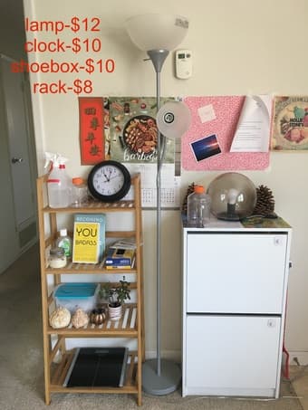 bowl and plate, notebook, lamp, shoebox. 3