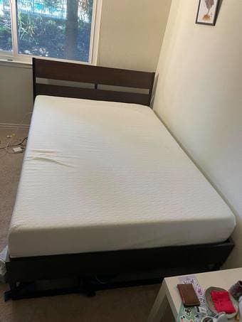 Queen-sized bed frame w/ slatted bed base and memory foam mattress 2