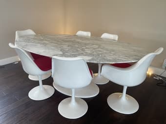 Saarinen marble Dining Table 78" oval six Tulip Chair arm and armless 1