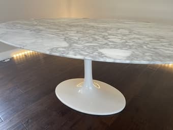 Saarinen marble Dining Table 78" oval six Tulip Chair arm and armless 2