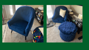 4 Modern Blue Velvet Chairs & Fuzzy Ottoman 450EA OBO 1