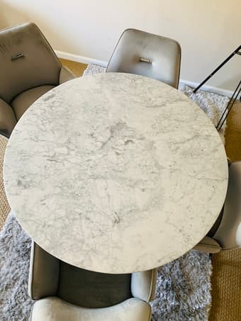 Modern sleek Carrara marble dining table + 4 chairs 1