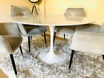 Modern sleek Carrara marble dining table + 4 chairs 2