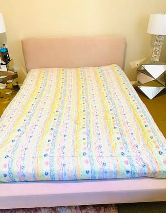 Blush pink velvet Queen low bed for kids 1