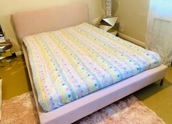 Blush pink velvet Queen low bed for kids 2