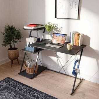 Modern Black Office Desk with 3 Attached Shelves 1