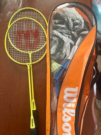 a set of two badminton rackets， badminton and net 3