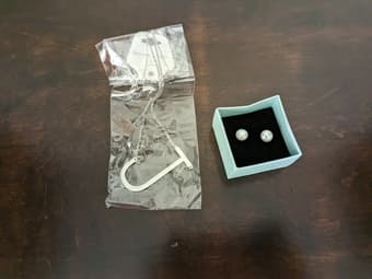 Faux pearl stud earrings and "J" necklace 1