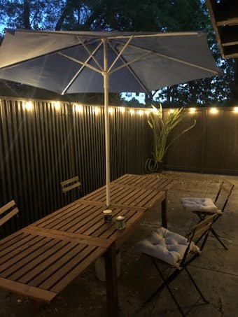 Porch table ($175), 4x wood chairs ($75 total) table umbrella ($30) 1