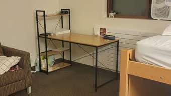 Light wood desk for apartment with shelves on side and metal frame 2