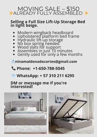 Full Size Lift-Up Storage Bed in light beige. 1