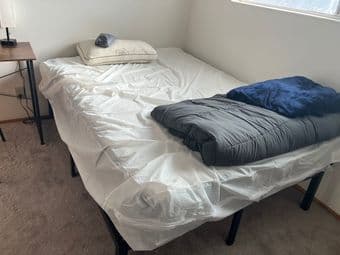 Bedframe, full size mattress, table and chair 250$ at California Av 3
