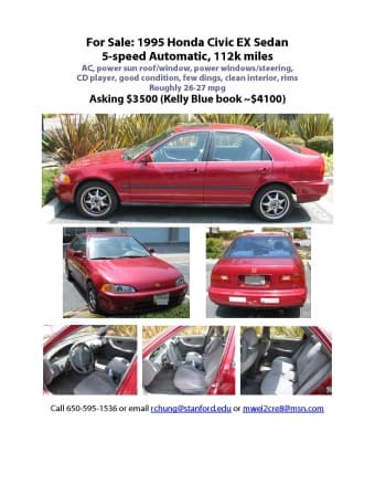 Red 1995 Honda Civic EX-Good Condition $3500 1