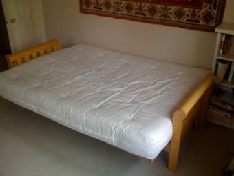 queen futon, shelves, tables: moving sale 1
