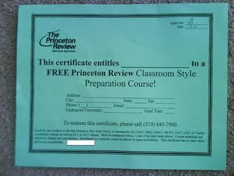 Gift Certificate for Princeton Review Course MCAT, LSAT GRE GMAT SAT 1