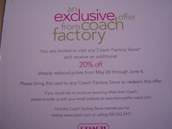 20% off coach factory store coupon May 26 ~ Jun 6 only $5 2