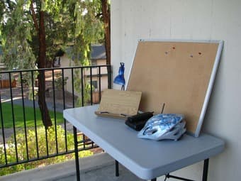 bike helmet, cork board, and kitchen stuff 2